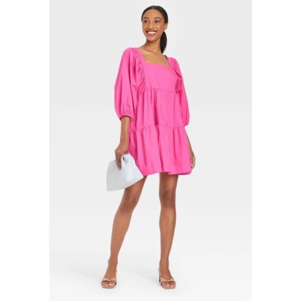 A New Day Cotton Hot Pink Puff Sleeve Smocked Back Poplin Ruffled Mini Dress L